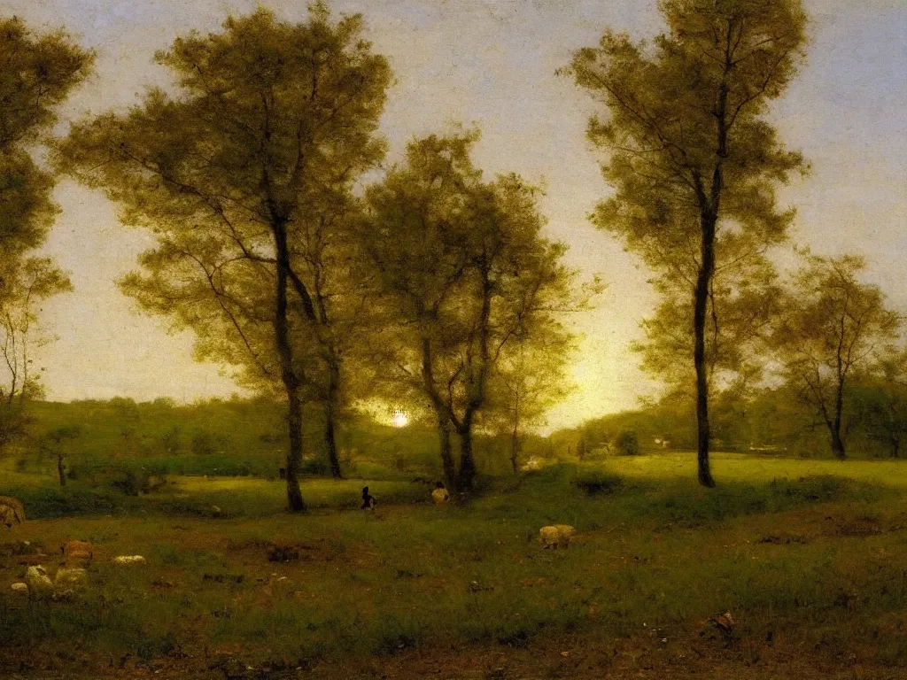 Image similar to a beautiful landscape, springtime morning, by george inness, oil on canvas, luminism, hyperrealism