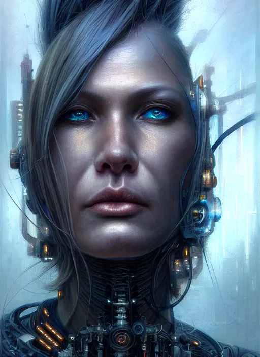 Image similar to closeup portrait shot of a cyberpunk cyborg in a scenic dystopian environment, intricate, elegant, highly detailed, centered, digital painting, artstation, concept art, smooth, sharp focus, illustration, artgerm, tomasz alen kopera, peter mohrbacher, donato giancola, joseph christian leyendecker, wlop, boris vallejo