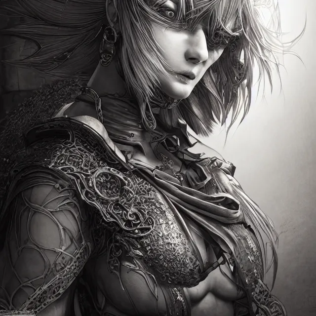 Image similar to the portrait of neutral evil fallen female dark knight vagabond as absurdly beautiful, gorgeous, elegant, sophisticated, gravure idol, an ultrafine hyperdetailed illustration by kim jung gi, irakli nadar, intricate linework, bright colors, octopath traveler, final fantasy, unreal engine 5 highly rendered, global illumination, radiant light, detailed and intricate environment