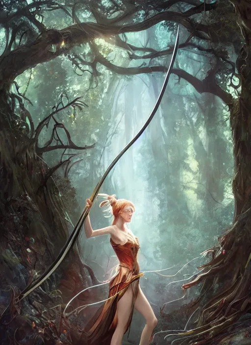 Image similar to A beautiful digital painting of a lovely princess in the mirkwood forrest holding a bow and arrow looking at the camera by Stanley Artgerm Lau, frank frazetta, Rossdraws, James Jean, gerald brom, Andrei Riabovitchev, Marc Simonetti, and Sakimichan, trending on artstation