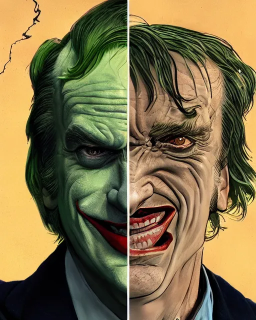 Image similar to portrait of saul goodman as the joker, portrait photography, art by makoto shinkai and peter elson, bernie wrightson