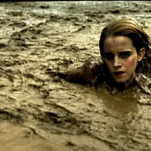 Prompt: film still, close up, emma watson rising out of muddy vietnam river, face covered in mud, low camera angle at water level, night time, film still from apocalypse now ( 1 9 7 9 ), 2 6 mm