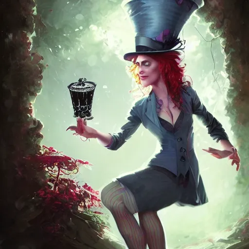 Image similar to realistic, full body portrait, scantily dressed female mad hatter, by Jordan Grimmer and greg rutkowski, crisp lines and color,