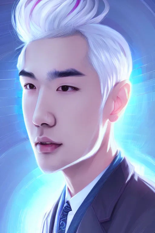 Image similar to character design, a handsome young doctor with silver hair, chinese mixed canadian ancestry, blurred environment background, colorful magic effects, white skin, portrait, male, clothed, sharp focus, digital art, concept art, trending on artstation, dynamic lighting, by emylie boivin and rossdraws