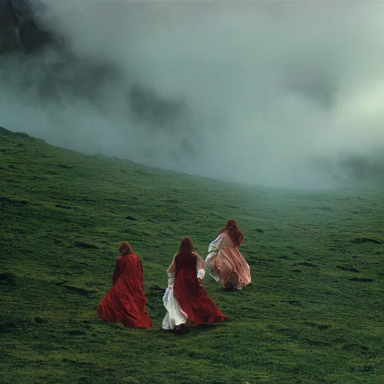 Image similar to moody 1 9 7 0's artistic technicolor spaghetti western film, a large huge group of women in a giant billowing wide long flowing waving shining bright white dresses made of white smoke, standing inside a green mossy irish rocky scenic landscape, volumetric lighting, backlit, moody, atmospheric, fog, extremely windy, soft focus