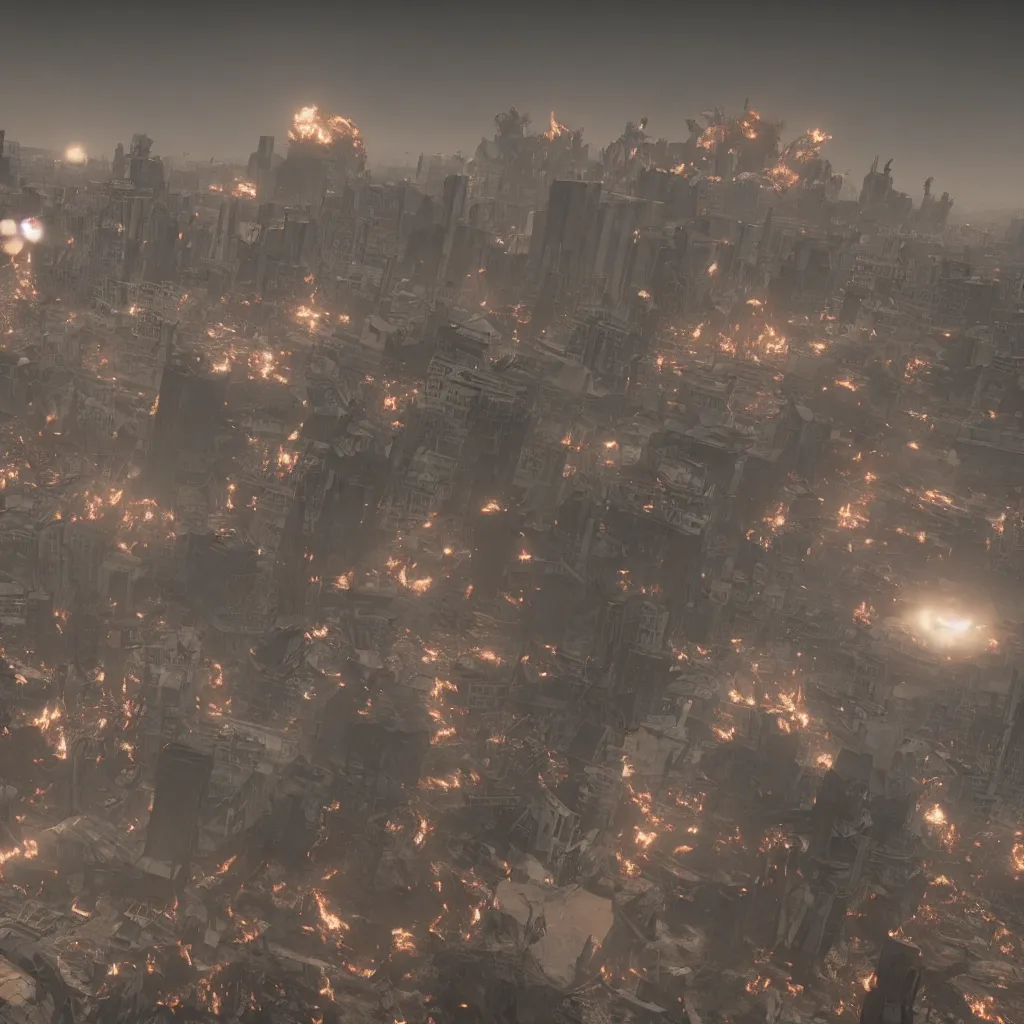 Image similar to a highly detailed atomic bomb detonated above the city, 8 k, chaotic atmopshere, unreal engine, cinematic, touching, very detailed