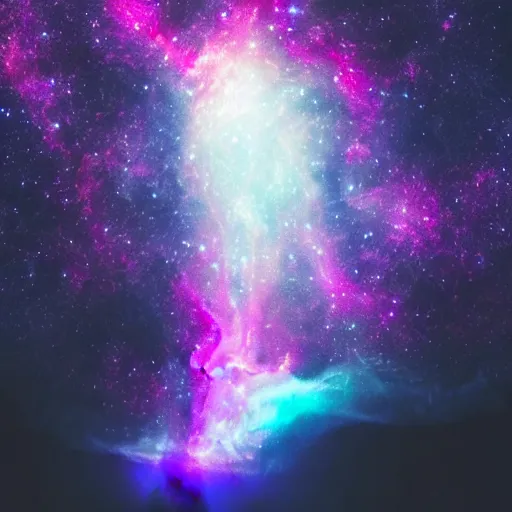 Image similar to a towering godlike apparition in the shape of a human, made of smoke and fog, backlit by pink, purple, red, blue neon lighting, nebulas, backround of stars and galaxies