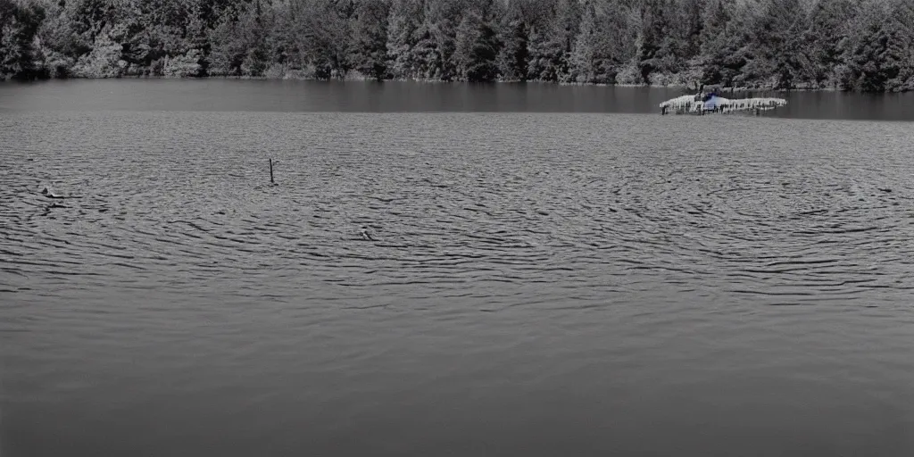 Image similar to centered photograph of a long rope zig zagging across the surface of the water, floating submerged rope stretching out towards the center of the lake, a dark lake on a cloudy day, color film, trees in the background, hyperedetailed photo, anamorphic lens, 2 0 0 1