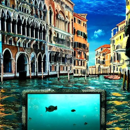 Image similar to underwater Venice, with fish people living in it, beautiful background, digital art