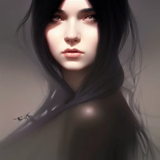 Image similar to a beautiful girl with long black hair, fantasy, portrait, sharp focus, intricate, elegant, digital painting, artstation, matte, highly detailed, concept art, illustration, ambient lighting, art by ilya kuvshinov, artgerm, and Greg Rutkowski