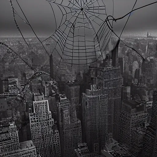 Prompt: giant spider invading new york, night, fog, 8 mm, 3 d render, octane render, cinema 4 d