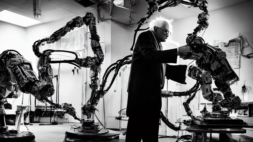 Prompt: bernie sanders putting the finishing touches on a complex magical clockwork doomsday robot, black and white photo, cinematic moody lighting, sharp focus