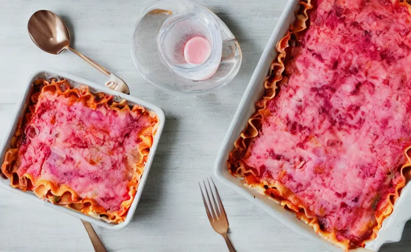 Image similar to pink lasagna, food photography, outdoors