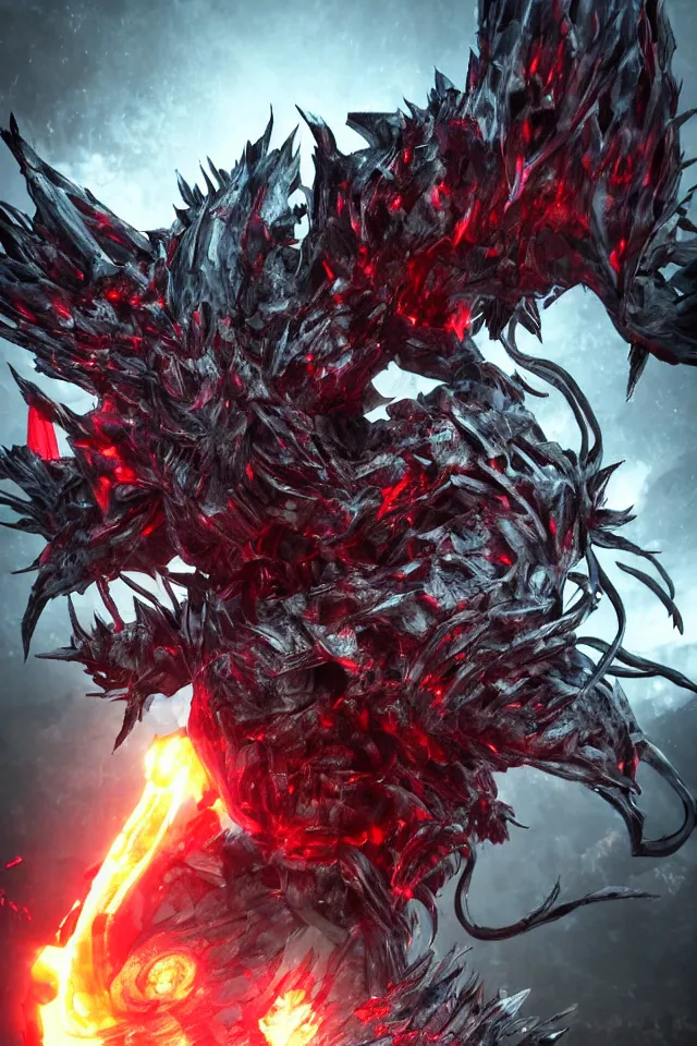 Image similar to Final boss beast muscular overpowered with chromatic steel blades and sharp edges, drips of used engine oil on the floor, pulsating and shattering sounds, Xibalba in underworld the background, in the style of Z.W. Gu from trending on artstation, HD, Octane render, smooth, sharp focus, Anime style
