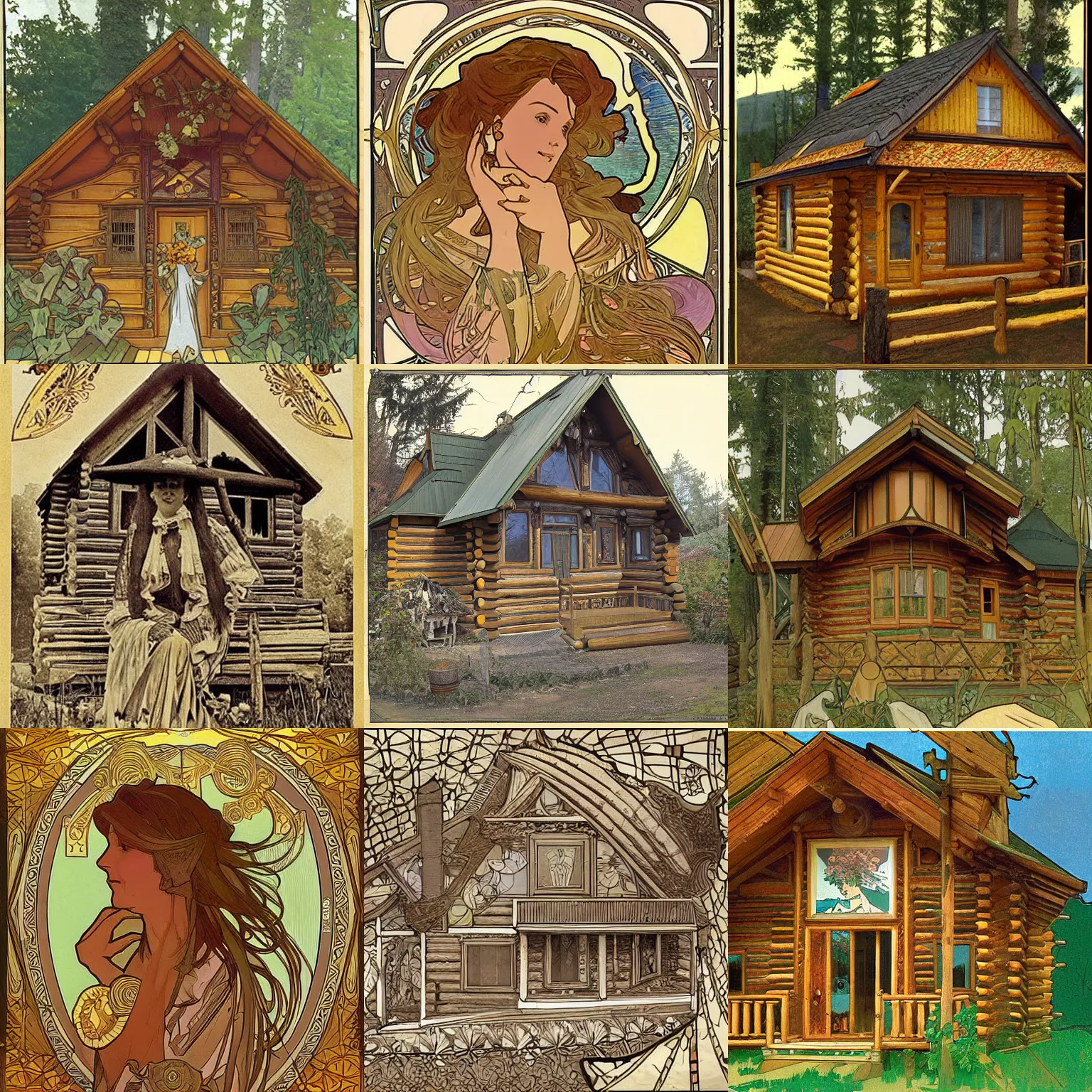 Image similar to a log cabin in the style of alphonse mucha