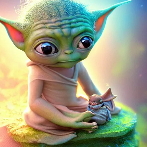 Prompt: tom bagshaw, beautiful kawai miniature baby yoda meditating, mythical shrine, soft painting render curiosities carnival pond river vegetation rocks bugs wildlife mushrooms covered moss bioluminescent wisps, beautiful stunning waterfall, accurate features, focus, very intricate ultrafine details, random volumetric lighting, fog, award winning masterpiece, octane render 8 k hd, artstation