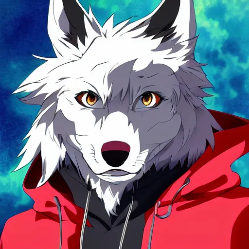 Image similar to key anime visual portrait of an anthropomorphic anthro wolf fursona, in a jacket, with handsome eyes, official modern anime art