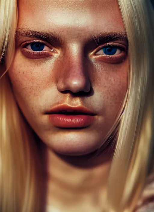 Prompt: Kodak Portra 400, 8K, highly detailed, photographic extreme close-up face of a pretty girl with blond hair , Low key lighting, photographed by Alessio Albi ,dark background, high quality,high contrast ,complementary colors , photo-realistic.