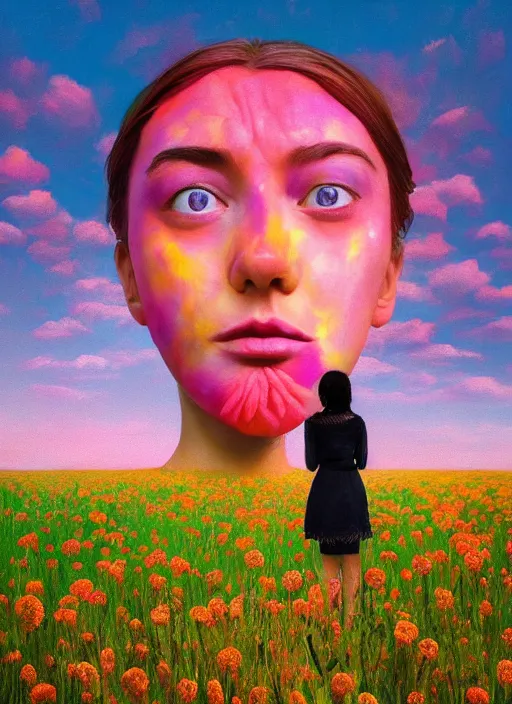 Image similar to portrait of a woman, face made of giant carnation, flower field, surreal photography, sunset dramatic light, impressionist painting, colorful clouds, large sky, digital painting, artstation, simon stalenhag