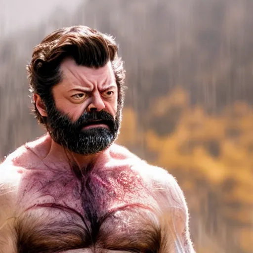 Image similar to logan wolverine as nick offerman, with claws, photorealistic movie still, detailed, 8 k