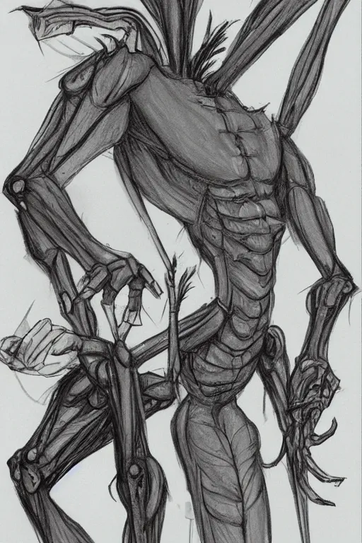 Image similar to antropromorphic stick insect, stick insect standing and talking like a human being, fantasy concept art, drawing by Don Bluth