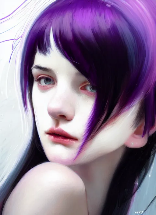 Image similar to portrait of teenage girl with white bangs, red irises, bangs, black and white hair, purple clothes, white bangs, two color hair, black hair and white bangs, intricate, elegant, glowing lights, highly detailed, digital painting, artstation, concept art, smooth, sharp focus, illustration, art by wlop, mars ravelo and greg rutkowski