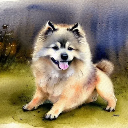 Prompt: a keeshond puppy watercolor painting by jean - baptiste monge, muted colors