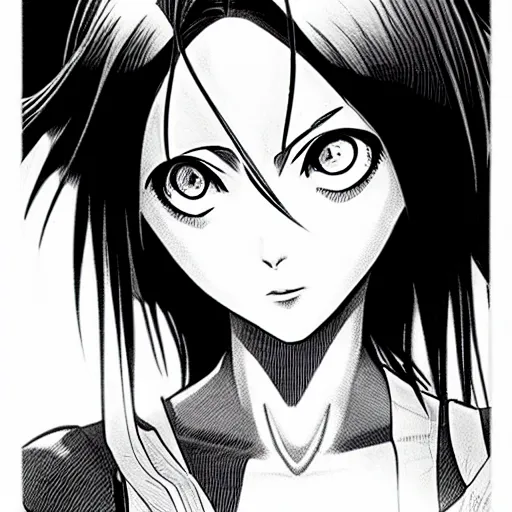 Image similar to alita by yukito kishiro. medium shot. black and white manga. pencil drawing.