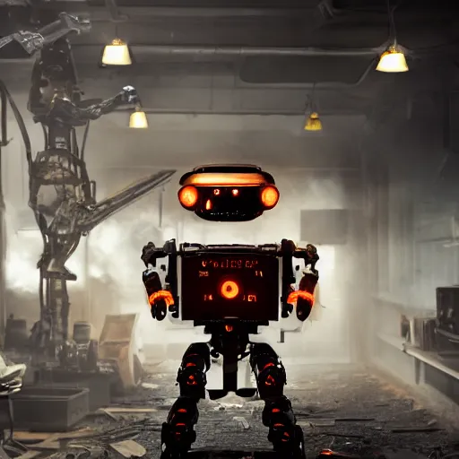 Image similar to toaster oven terminator robot, dark messy smoke - filled cluttered workshop, dark, dramatic lighting, orange tint, sparks, plasma charge, cinematic, highly detailed, sci - fi, futuristic, movie still