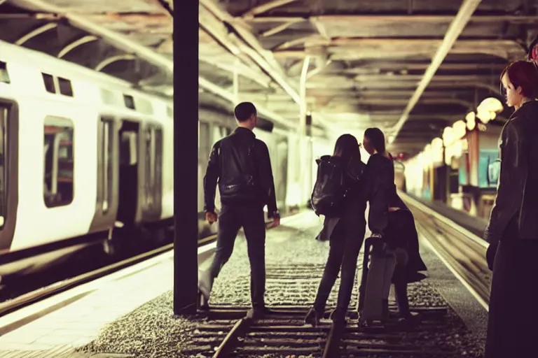 Prompt: vfx movie couple in a train station flat color profile low - key lighting cinematography atmospheric cool color - grade