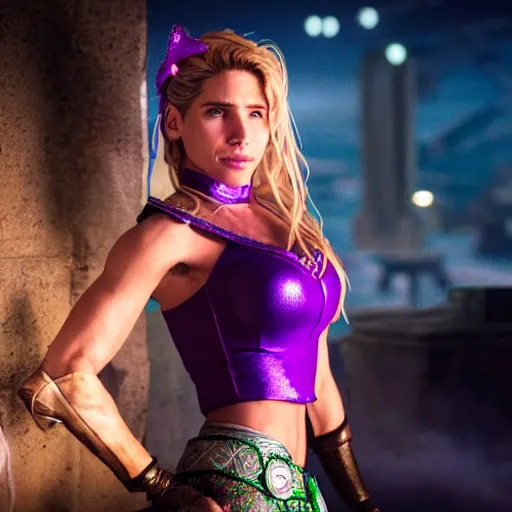 Image similar to cinematic scene with elsa pataki as jolyne from jojo's bizarre adventure, live action film, stone ocean, dramatic, small details, volumetric lighting, still frame