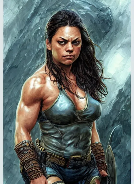 Image similar to exhausted Mila Kunis as a very muscled rugged looking Amazon, dirty, sweating, intricate, elegant, highly detailed, artstation, concept art, sharp focus, art by artgerm and donato giancola and Joseph Christian Leyendecker, WLOP