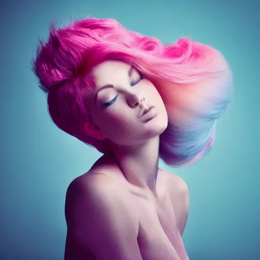 Prompt: a dramatic photo of a beautiful woman with cotton candy hair. with a little bit of cyan and pink