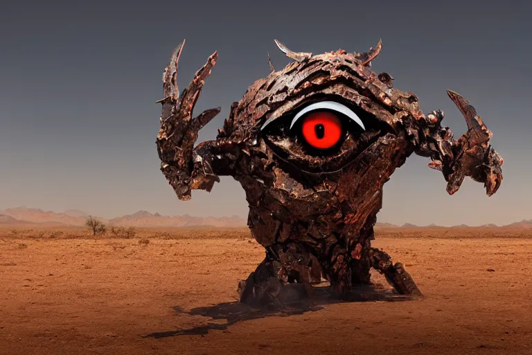 Image similar to a gigantic angry monster made of scrap metal with red eyes, standing in the desert, looking at camera, realism, photo realistic, high quality,