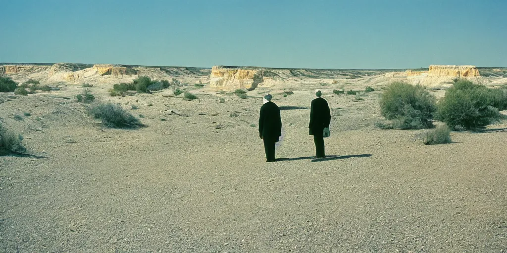 Image similar to photo of green river, wyoming cliffs. an old man in a trench coat and a cane stands still very far away in the distance, facing at the camera. midday sun. hot and dry conditions. kodak ektachrome.