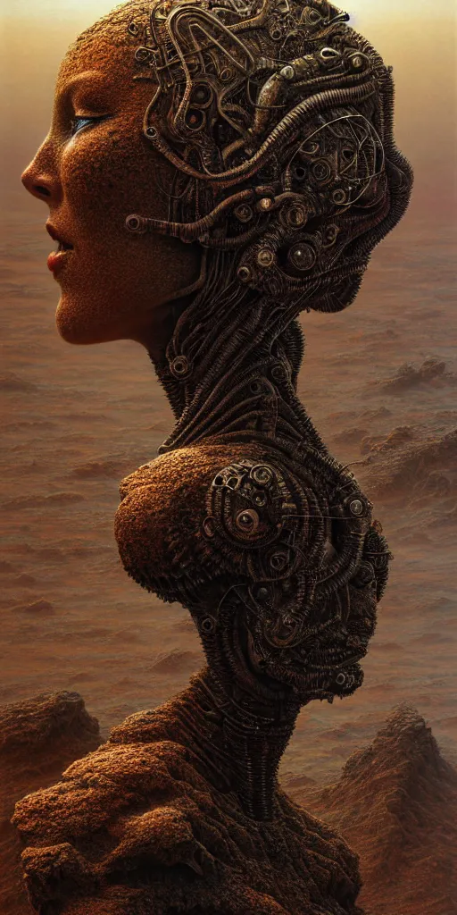 Image similar to ultra realist intricate detailed portrait of a single rugged attractive female on an alien lanscape, insanity, accurate features, apocalyptic, very intricate details, 8 k resolution, dim lighting, artstyle zdzisław beksinski and keith thompson, award winning