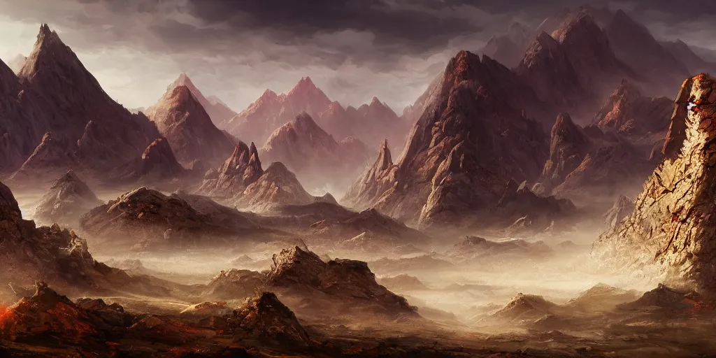 Image similar to The blood-soaked stone landscape with mountains in the background, Sci-Fi fantasy desktop wallpaper, painted, 4k, high detail, sharp focus