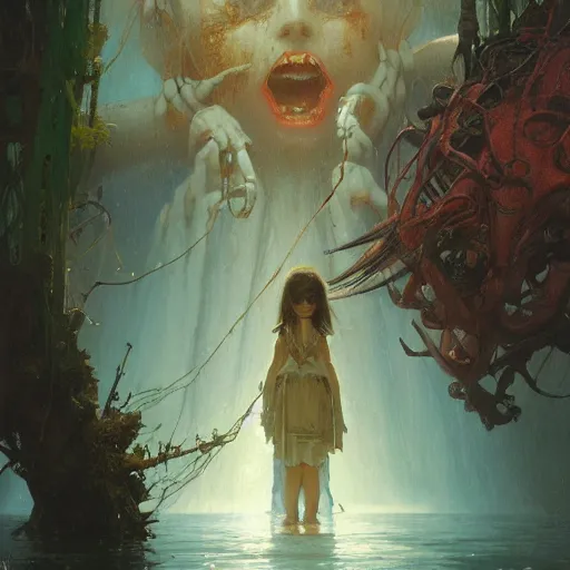 Image similar to an unimaginable artificial horror menacingly looms over a crouched, scared girl by stanley artgerm lau, greg rutkowski, thomas kindkade, alphonse mucha, loish, norman rockwell.