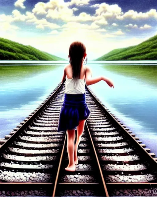 Image similar to a barefoot girl carries her shoes on a lake of reflective water and faintly visible submerged train tracks, water covers everything, large white clouds on a wide horizon, intricate, elegant, highly detailed, digital photo, artstation, concept art, smooth, sharp focus, low angle photo, art by artgerm and greg rutkowski and fra angelico