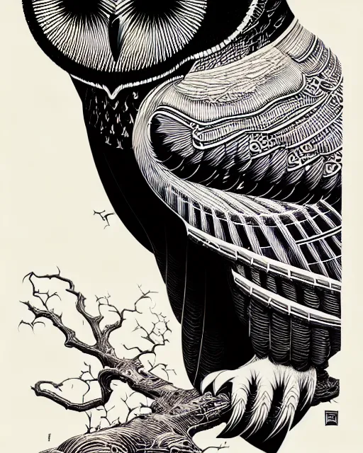 Prompt: side view of a majestic owl, high details, bold line art, by vincent di fate and joe fenton, inking, etching, screen print, masterpiece, trending on artstation, sharp, high contrast, hyper - detailed, hd, 4 k, 8 k