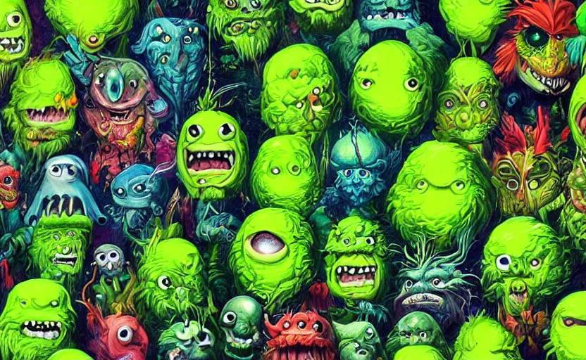 Image similar to an army of different green tennis ball monsters, colorful, digital art, fantasy, magic, chalk, trending on artstation, ultra detailed, detailed, fine details, professional illustration by basil gogos