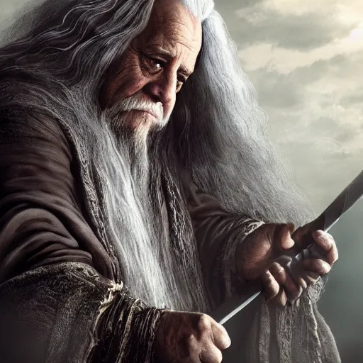 Prompt: danny devito as gandalf the white, lord of the rings movie, full body, high quality, wide angle, illustration, digital art, full color