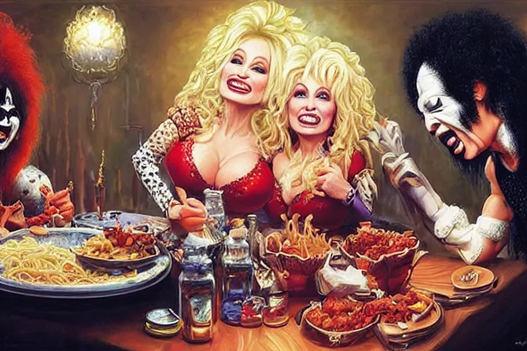 Image similar to dolly parton having a spaghetti dinner with gene simmons in kiss makeup, an oil painting by ross tran and thomas kincade