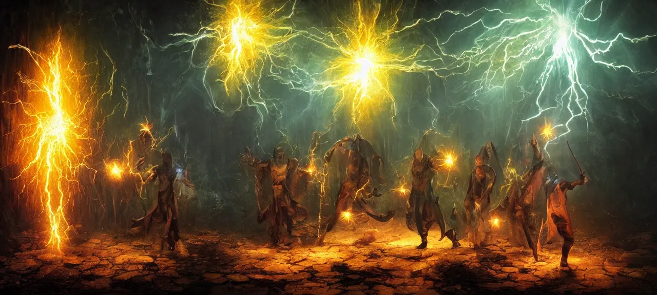 Image similar to Six wizards standing in dark cave and shoot fireballs and energy beams from their magic staffs at DV character Black Adam, dark ancient atmosphere, full of glowing sparks floating randomly around and dramatic lighting, fluid particles rising from ground, great digital art with details, by Lee Madgwick and Martin Johnson Heade