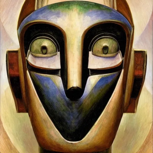 Image similar to the last guest in her Art Deco robot mask, by Annie Swynnerton and Diego Rivera, symbolist, dramatic lighting, elaborate geometric ornament, god rays, soft cool colors,smooth, sharp focus, extremely detailed, Adolf Wölfli