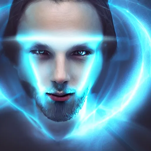 Image similar to a male wizard with glowing eyes, frontal view, cool looking, photoshop