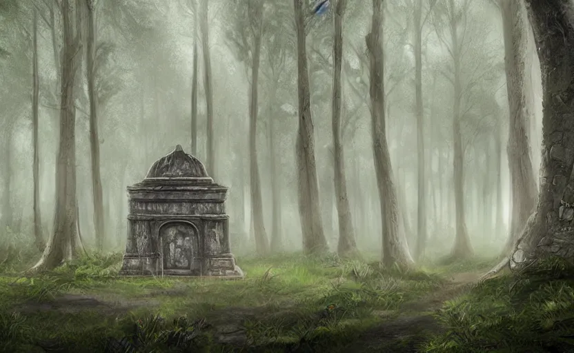 Prompt: mausoleum ruins, fir forest, rain, fog, megaliths, highly detailed, digital painting, architecture, artstation, concept art, sharp focus, illustration, artgerm, rutkoswki