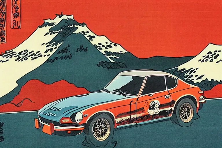 Image similar to ukiyo - e painting of a 1 9 7 5 datsun 2 4 0 z