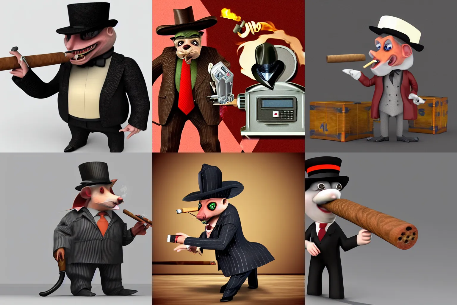 Prompt: 3d model of an evil male rat wearing a pinstriped suit and mafia-style hat, smoking a comically-sized cigar and holding a semi-automatic submachine gun, blender