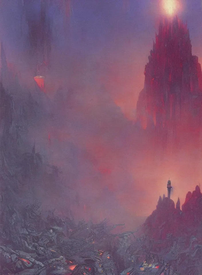 Image similar to the blind liberty of the few, red and purple palette, volume light, fog, by hiroshi yoshida by ( h. r. giger ) and paul lehr